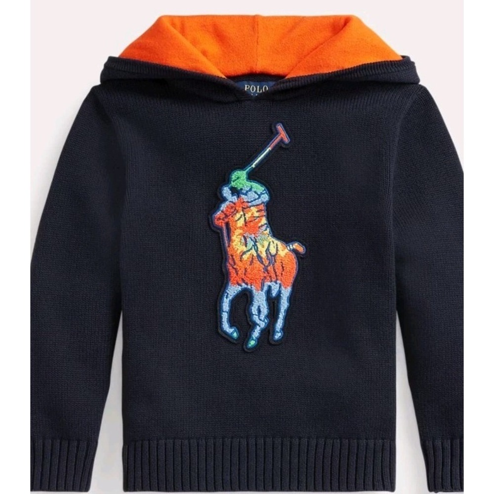 Polo Ralph Lauren Tie-Dye Big Pony Hooded Sweater Boy M 10-12 Navy Blue Textured